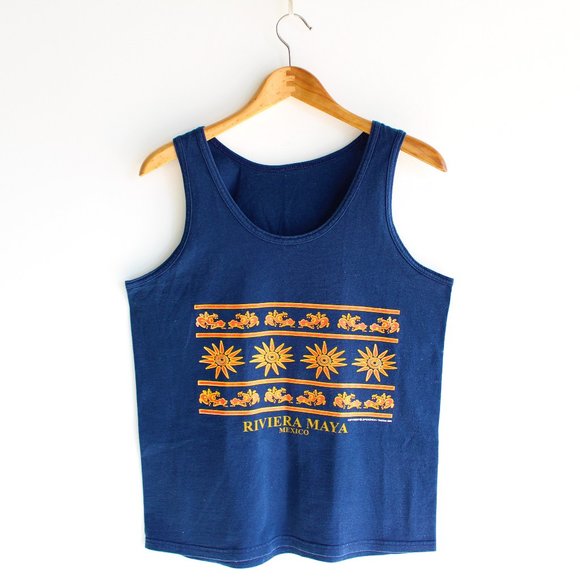 Vintage Riviera Maya Mexico Navy Blue Tank Top - Picture 1 of 4